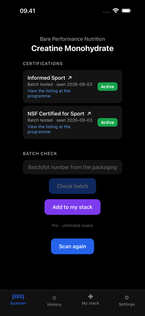 Scan result with certifications per programme